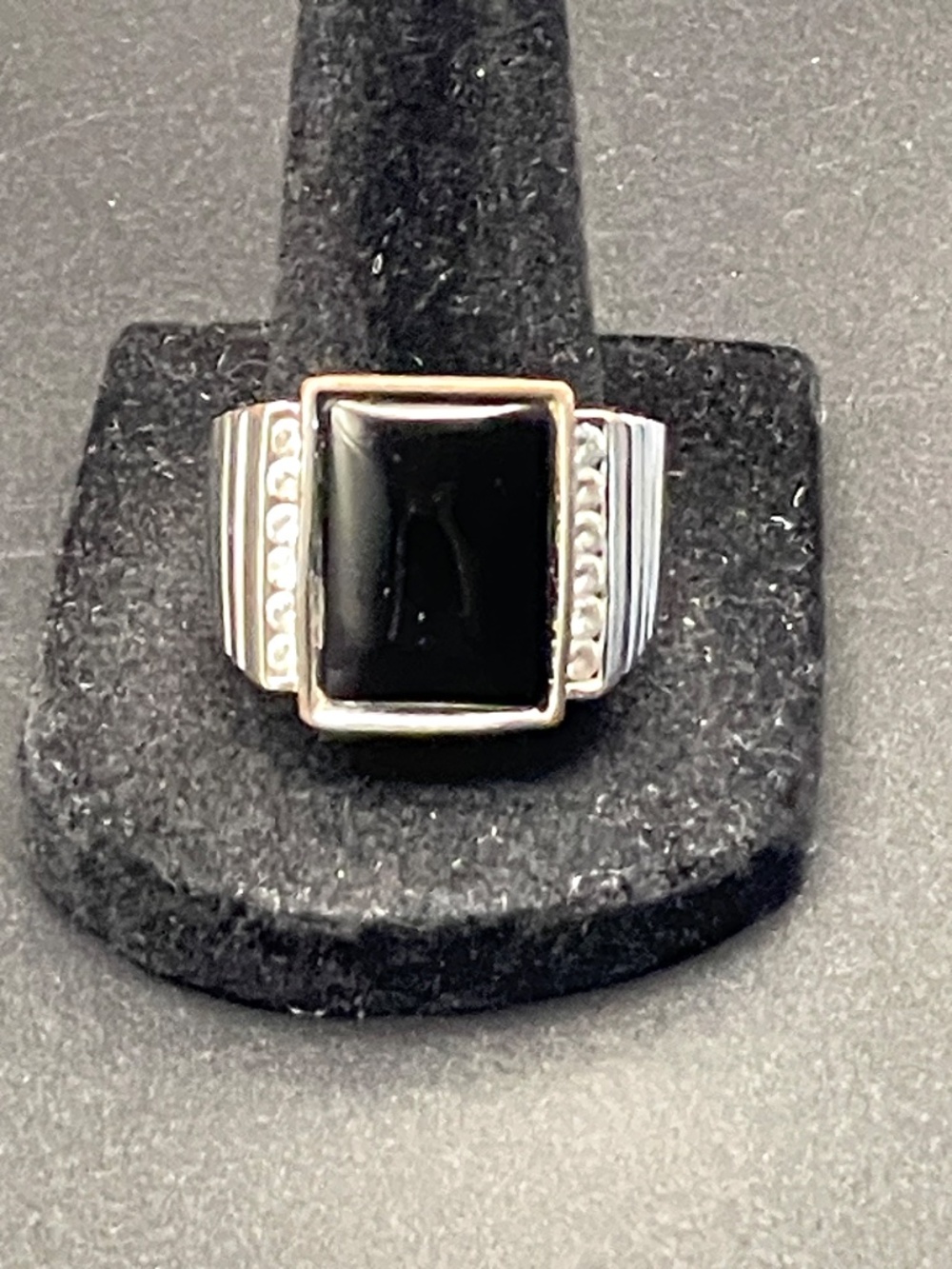 Men's Silver Tone Black Onyx Color Glass Stone Statement Ring 10 1/2